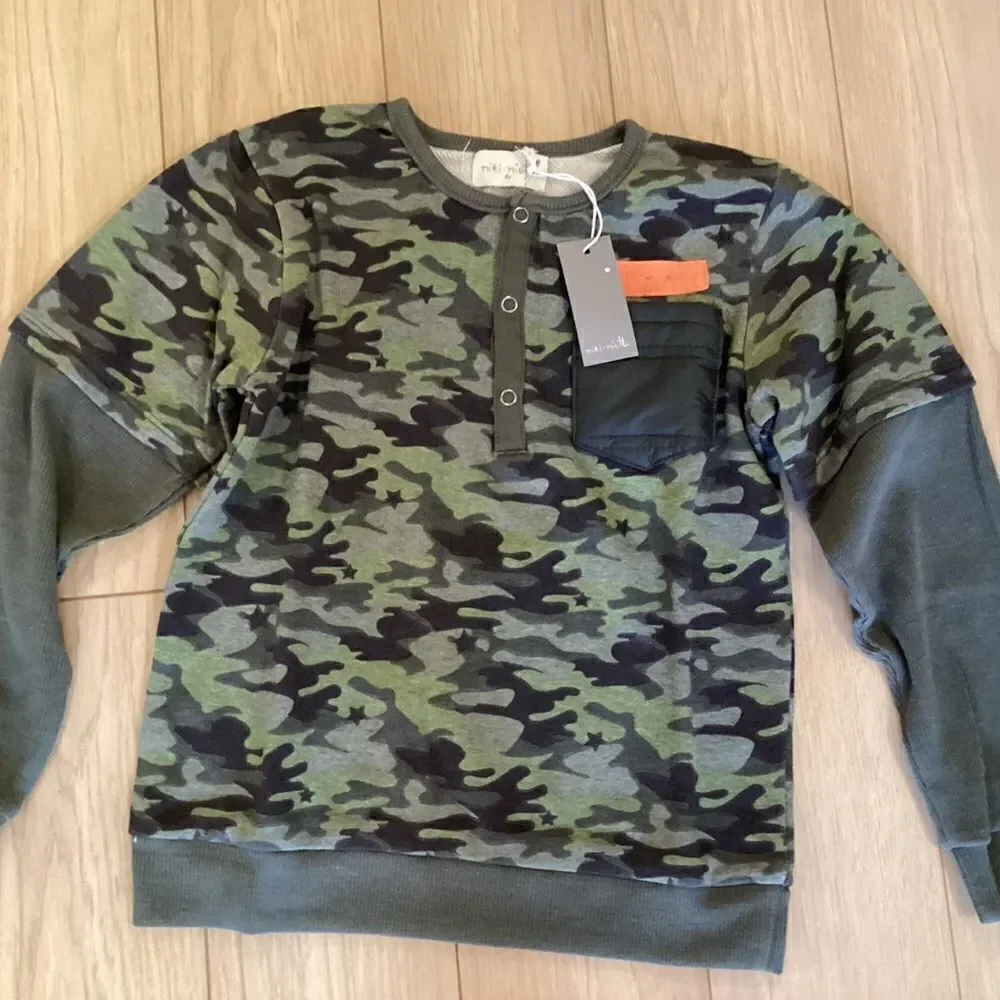 NWT Miki Miette Brand Boys Green Camo Long Sleeve Henley Sizes 6 and 8